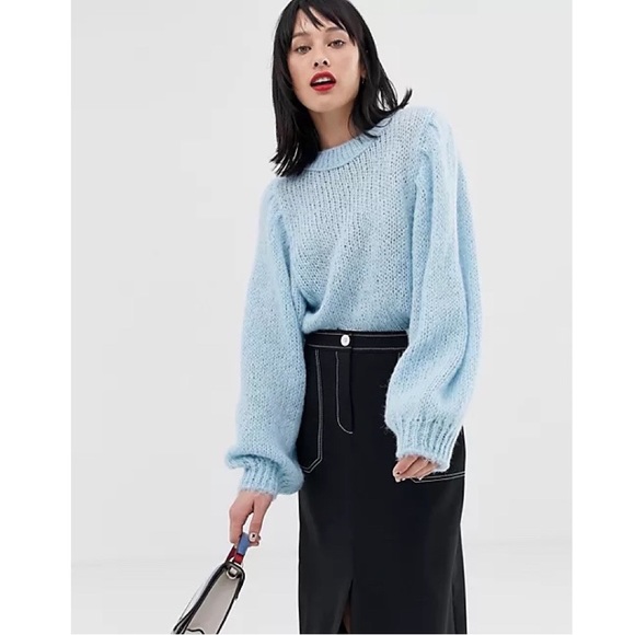 ASOS DESIGN Jumper in Lofty Yarn with Volume Sleeve in Blue - Picture 2 of 4